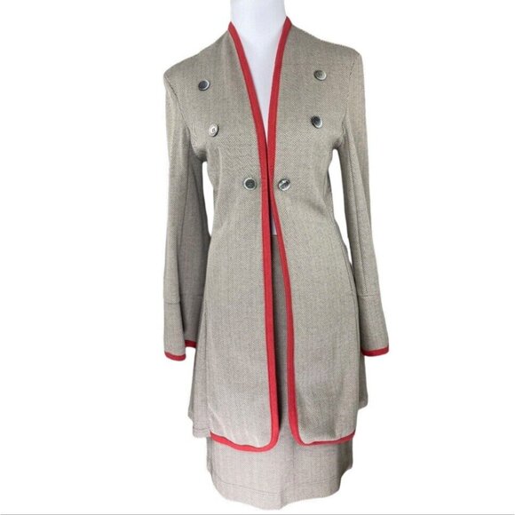 Jonano Women’s Tan Herringbone Modern Long Jacket Skirt Suit Set M/C38/W31‎ - Picture 1 of 9
